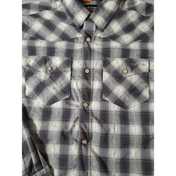Orvis Shirt Mens Medium Gray Pearl Snap Dual Pockets Active Fit Plaid Western - Picture 4 of 10